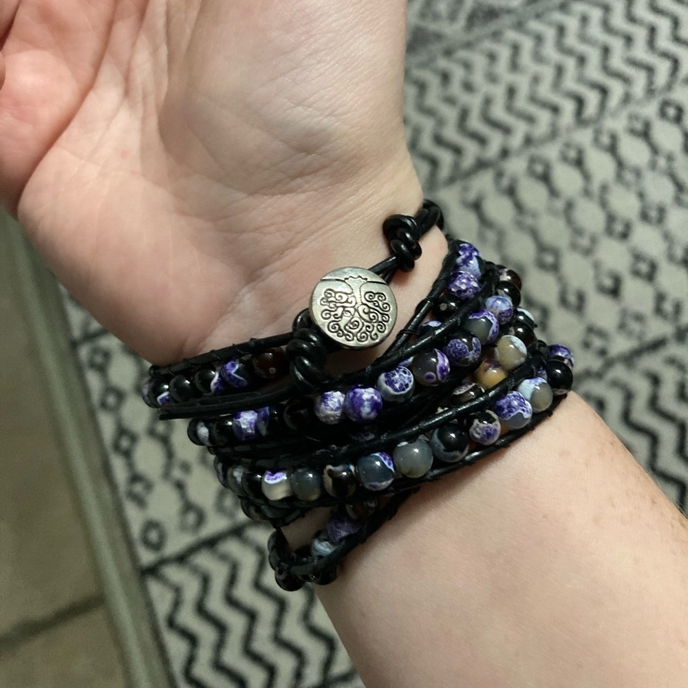 Leather wrap bracelet with real stones